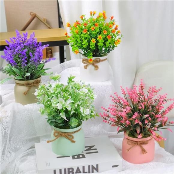 Fake Potted Plants - Set of 4 Artificial Potted Flowers Faux Plants Lavender - Picture 3 of 6